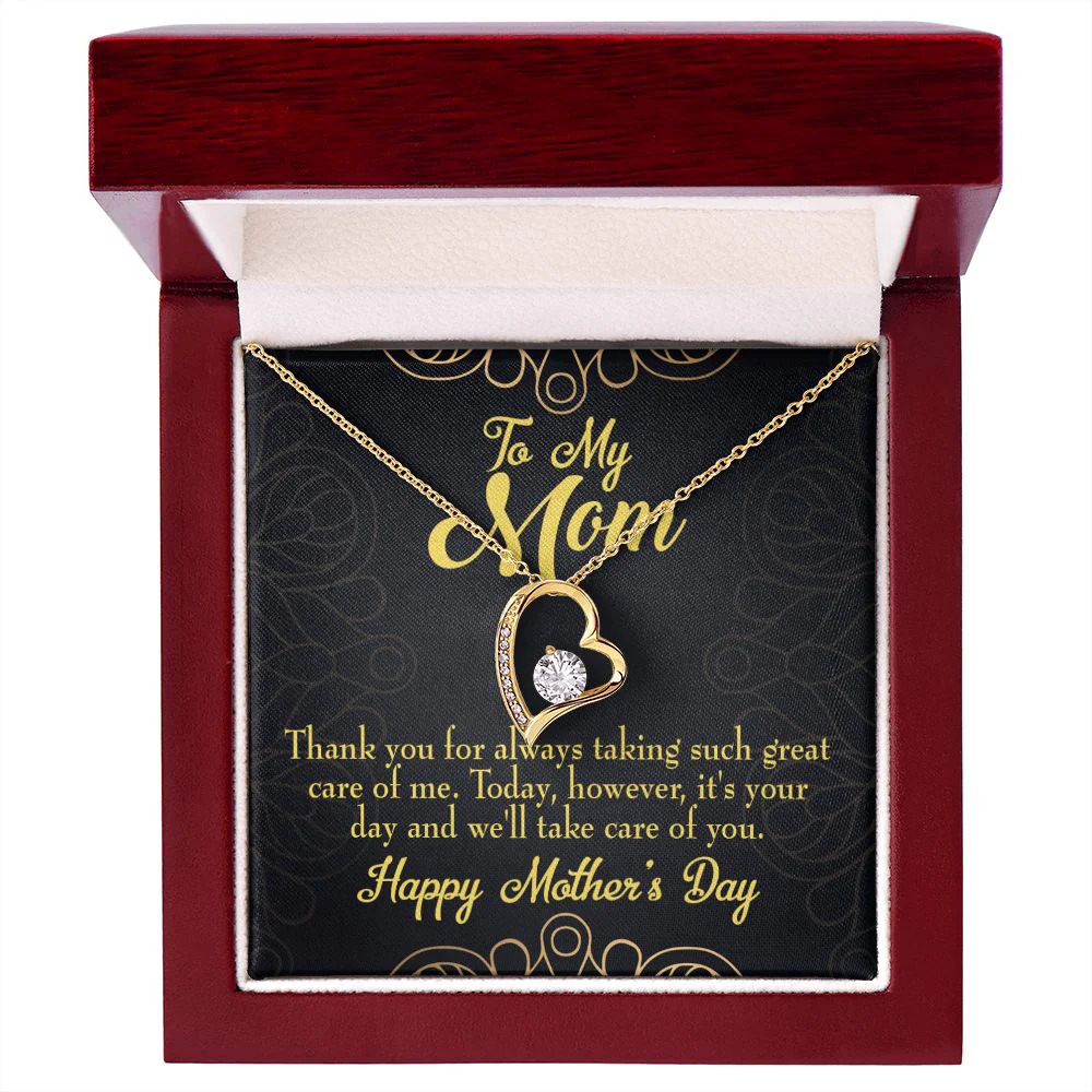 Mom It's Your Day Forever Love CZ Heart Necklace Yellow Gold Luxury Box